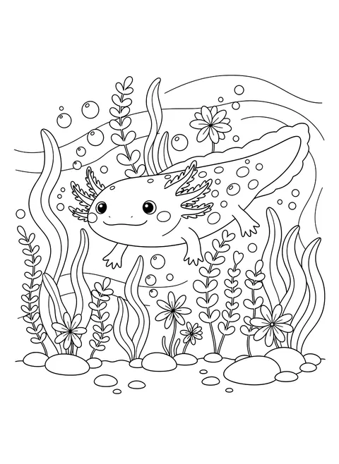 Axolotl among water plants coloring page