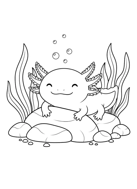 Axolotl resting on rocks coloring page