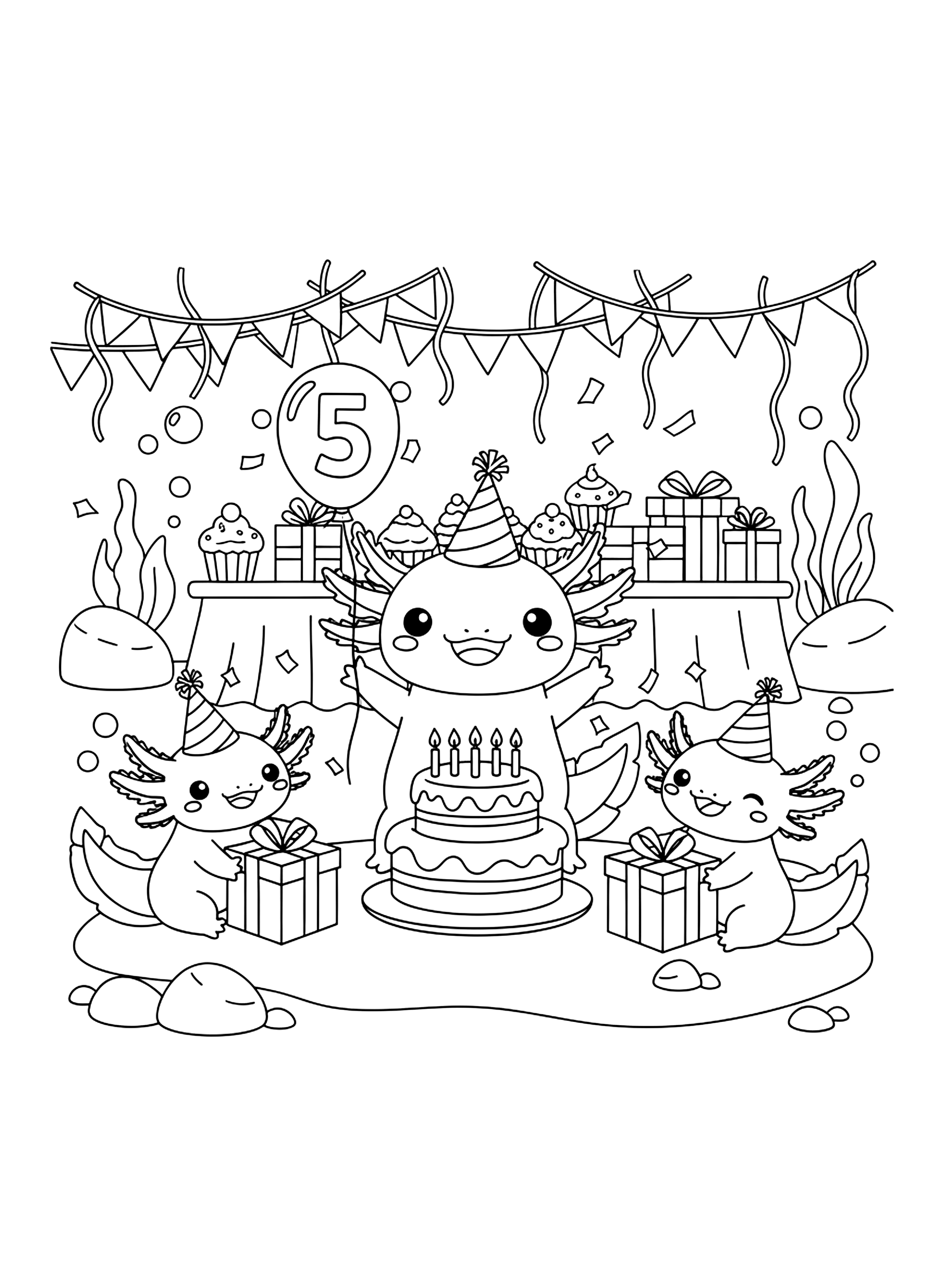 Axolotl birthday party coloring page