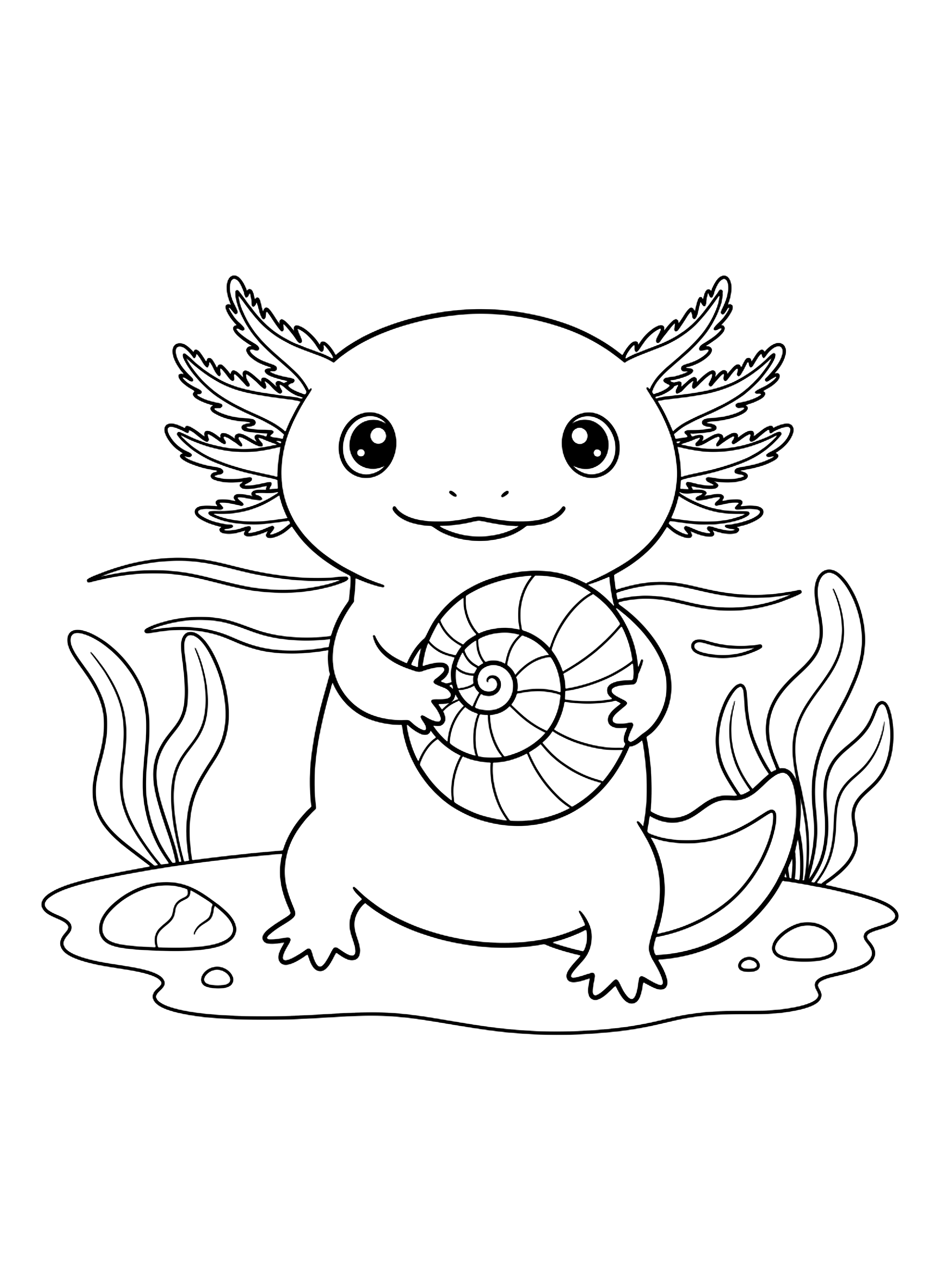 Axolotl with a seashell coloring page
