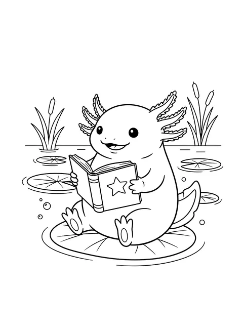 Axolotl reading a book coloring page