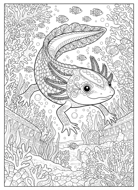 Detailed Realistic axolotl coloring page