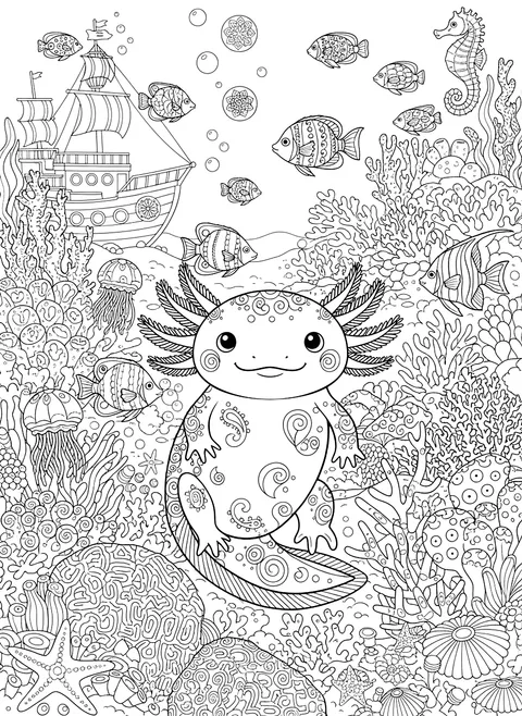 Detailed Underwater axolotl scene coloring page