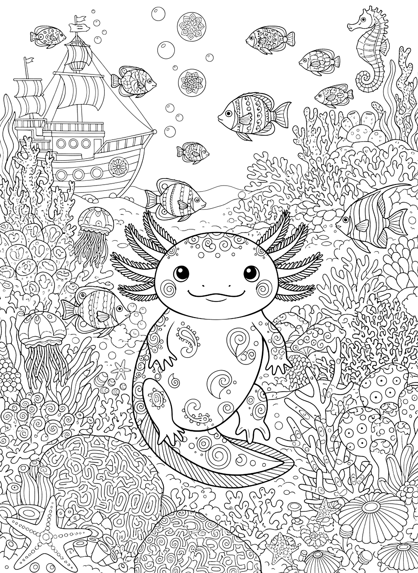 Detailed Underwater axolotl scene coloring page