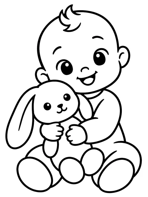 Easy Baby with a stuffed rabbit coloring page