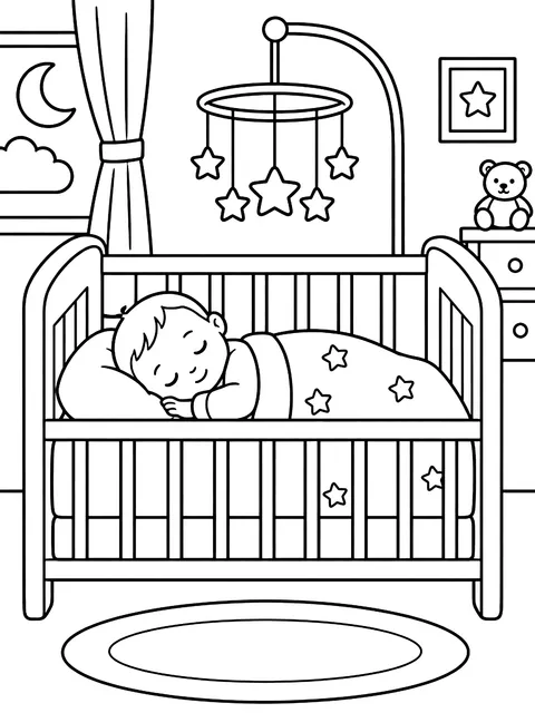 Baby asleep in a crib with a star mobile coloring page