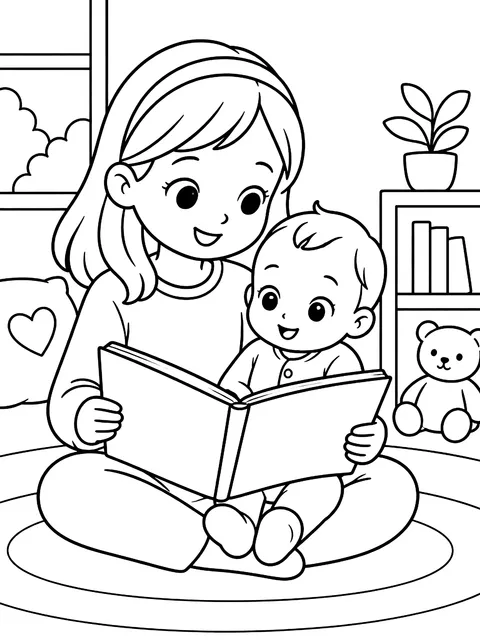 Big sister reading to the baby coloring page