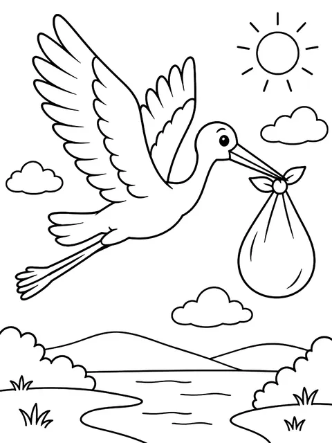 Stork carrying a bundle coloring page
