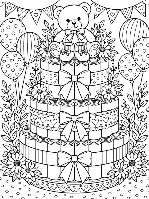 Detailed Diaper cake for a baby shower coloring page