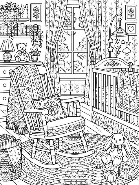 Detailed Nursery with a rocking chair coloring page