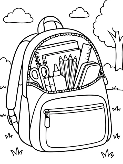 Open backpack stuffed with supplies coloring page