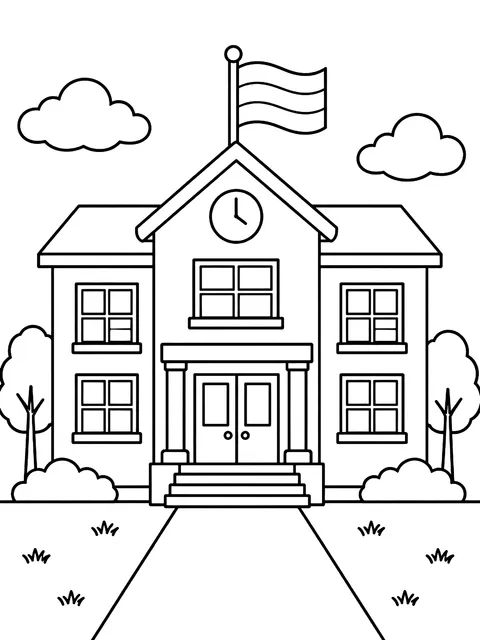 School building with a flag coloring page