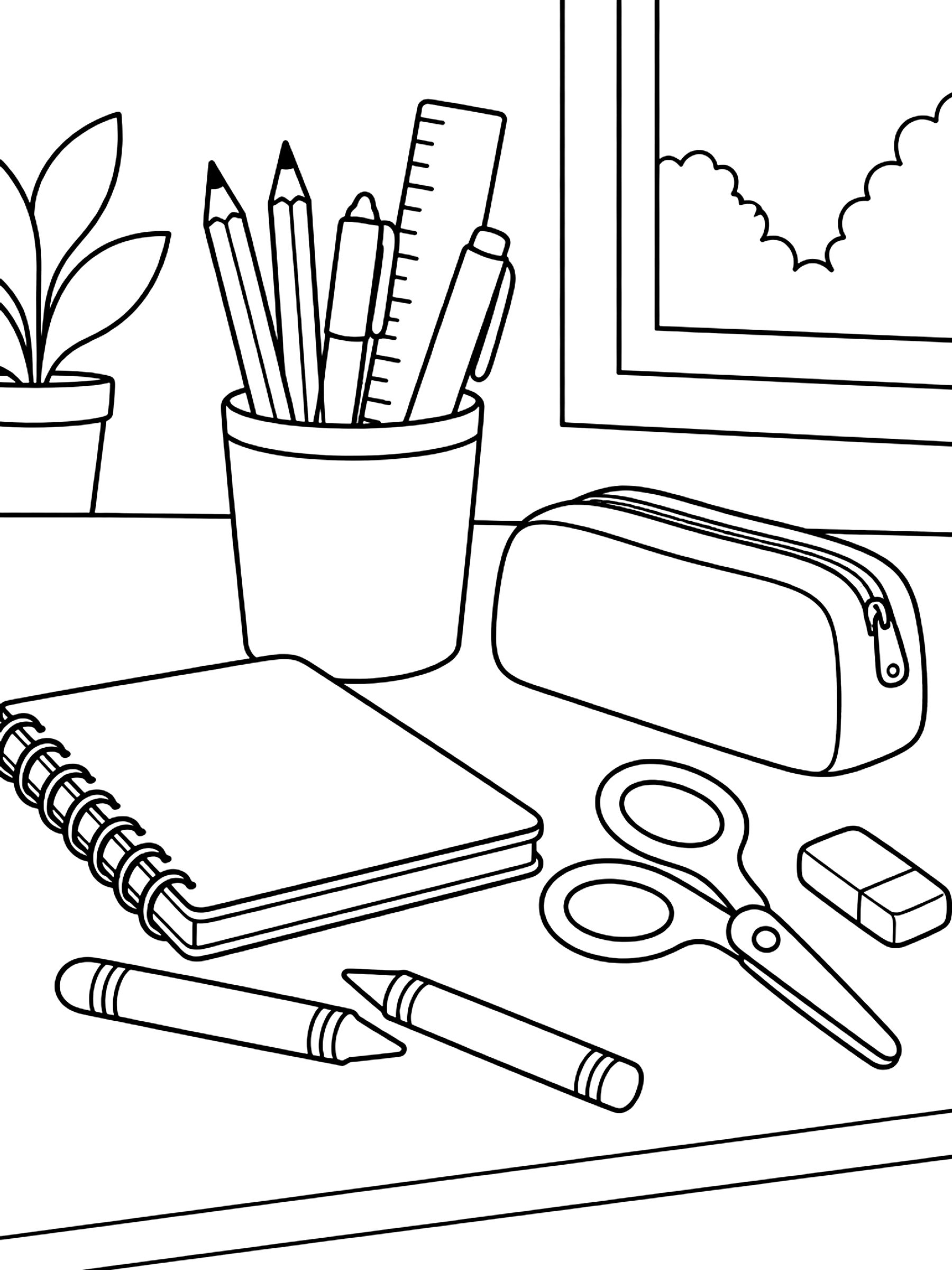 School supplies spread on a desk coloring page