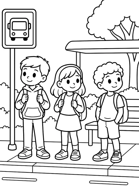 Kids waiting at the bus stop coloring page