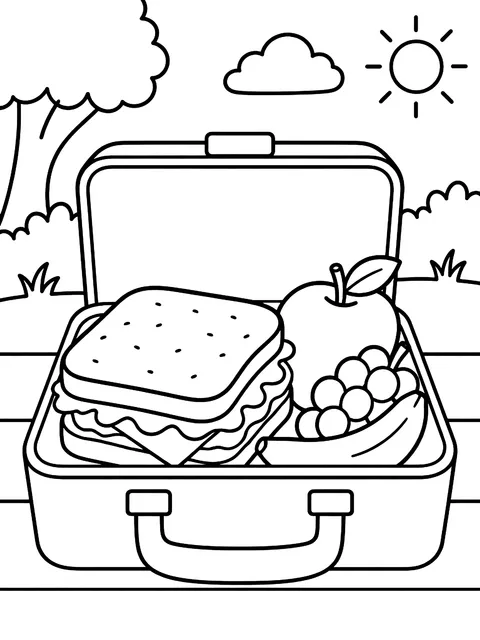 Lunchbox with a sandwich and fruit coloring page