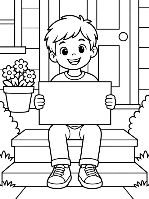 Child holding a sign on the front step coloring page