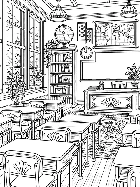 Detailed Detailed classroom with desks and a globe coloring page