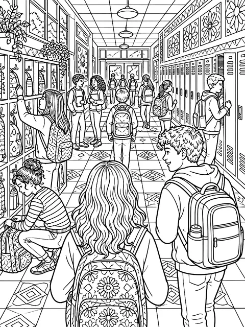 Detailed Busy hallway on the first day with lockers and cubbies coloring page