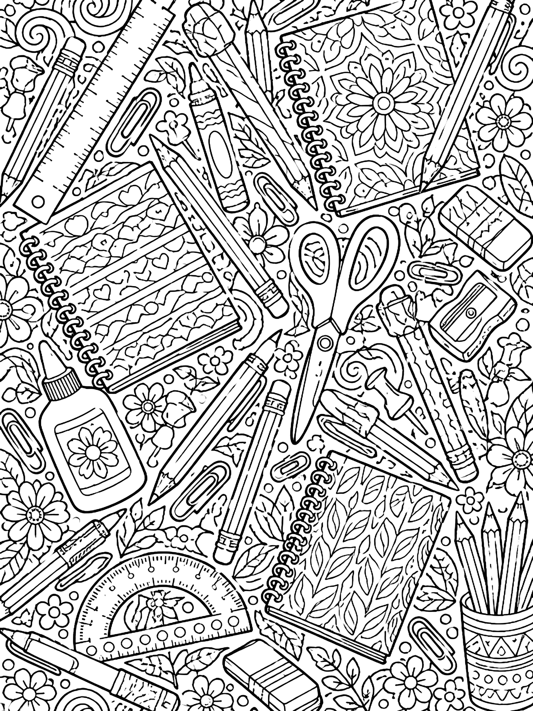Detailed School supplies pattern coloring page