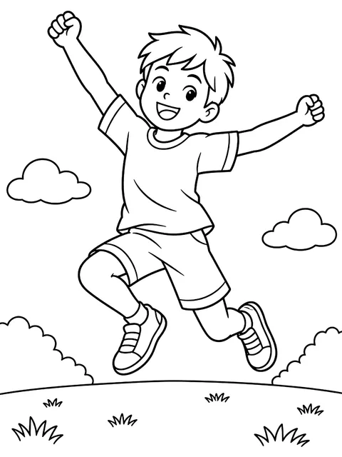 Boy leaping in mid-air coloring page