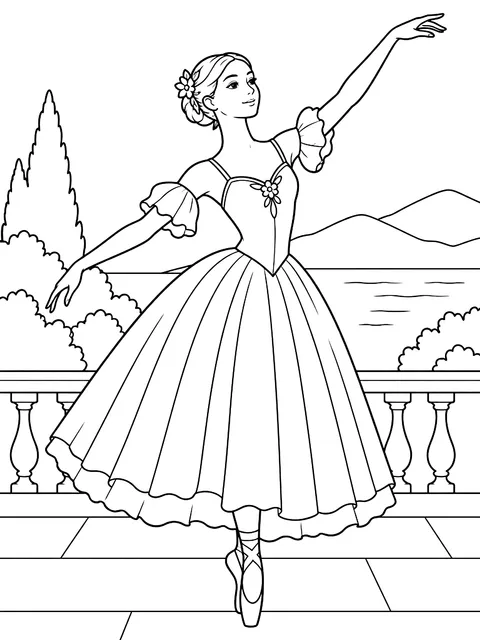 Dancer in a long romantic tutu coloring page