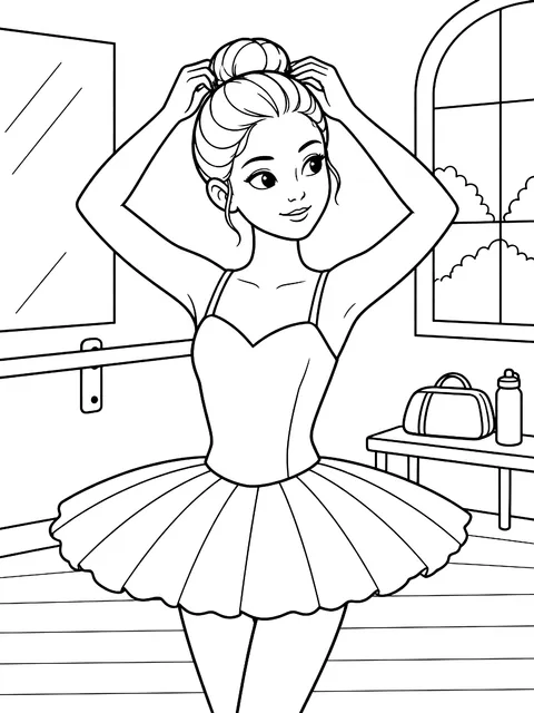 Ballerina fixing her bun coloring page