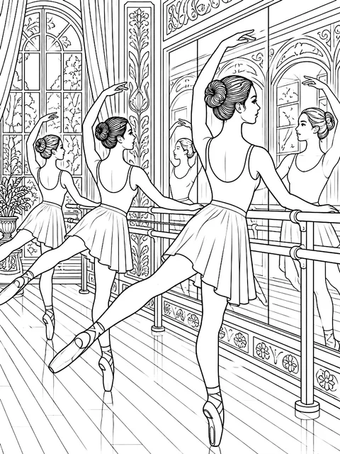 Detailed Class at the barre with a mirror coloring page