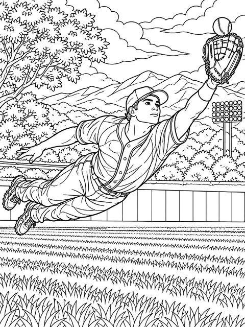 Detailed Outfielder making a diving catch coloring page