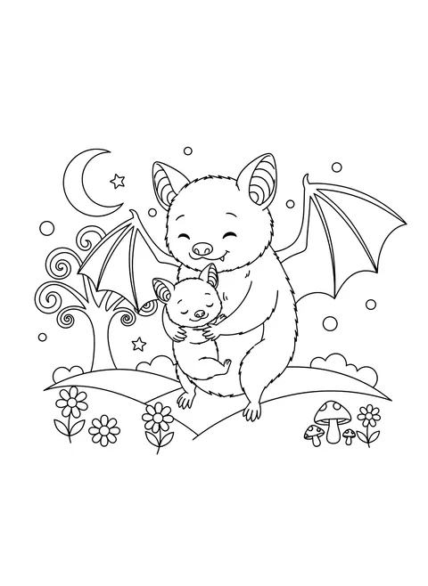 Mother bat with her pup coloring page