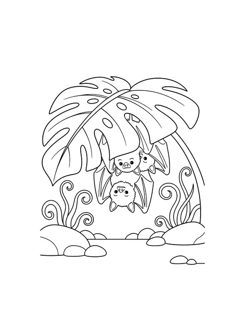 White bats sheltering under a leaf coloring page
