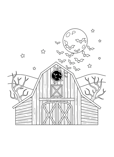 Bats flying out of a barn at dusk coloring page