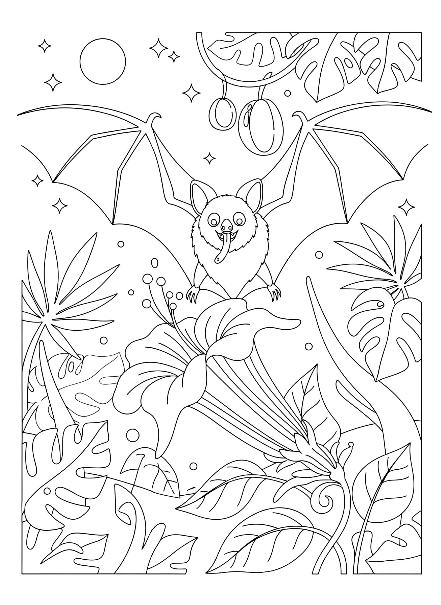 Bat drinking nectar from a flower coloring page