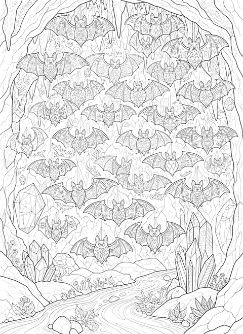 Detailed Bat colony in a cave coloring page