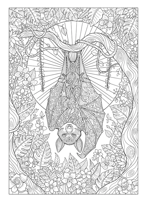 Detailed Realistic fruit bat hanging in a tree coloring page