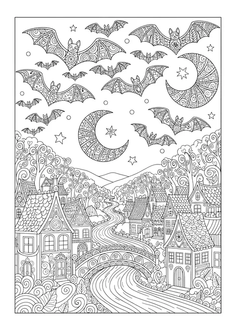 Detailed Bats over a village at night coloring page
