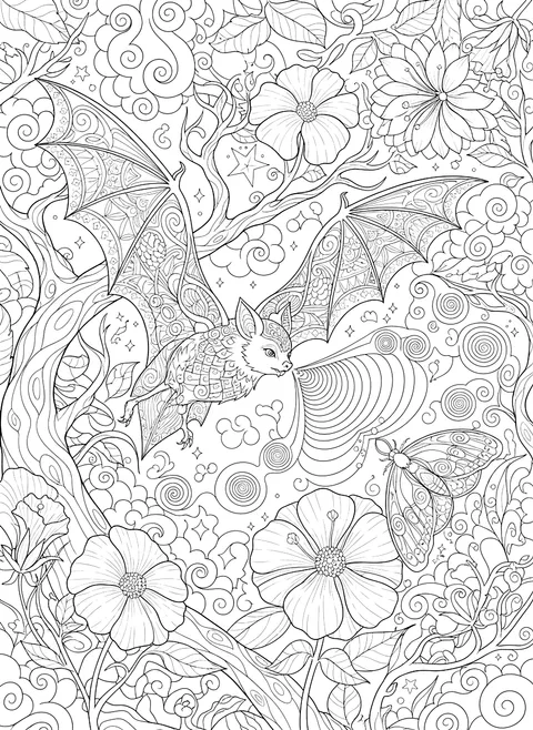 Detailed Bat using echolocation to find a moth coloring page
