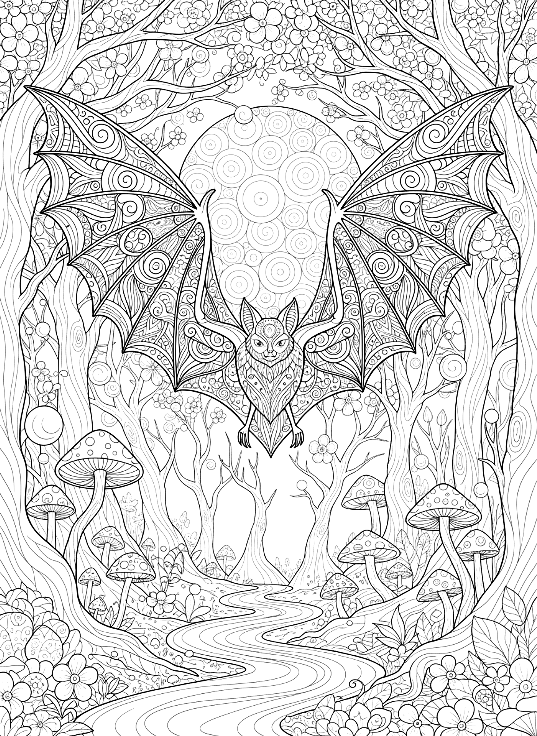 Detailed Bat with patterned wings coloring page