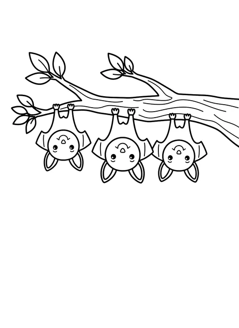Easy Three bats hanging from a branch coloring page