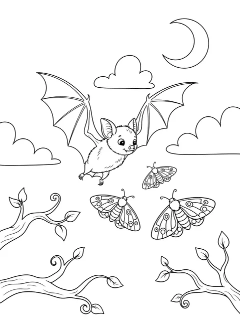 Little brown bat chasing moths coloring page