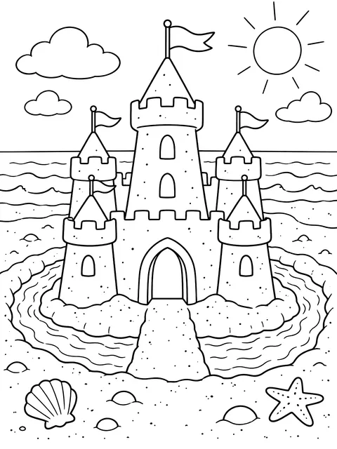 Sandcastle with a moat and flags coloring page