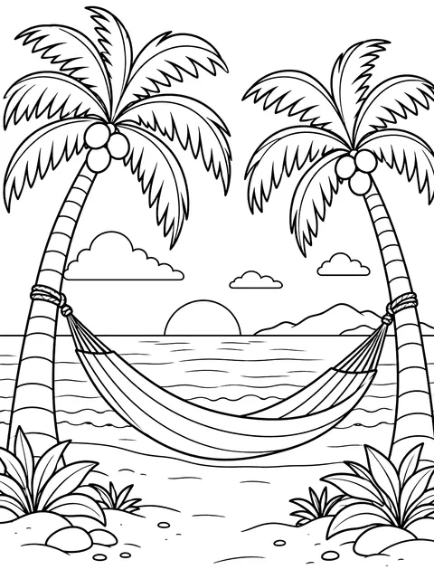 Hammock between two palm trees coloring page