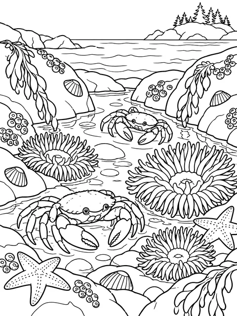 Tide pool with crabs and anemones coloring page
