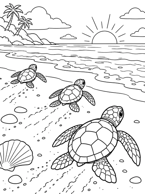 Sea turtle hatchlings heading to the sea coloring page