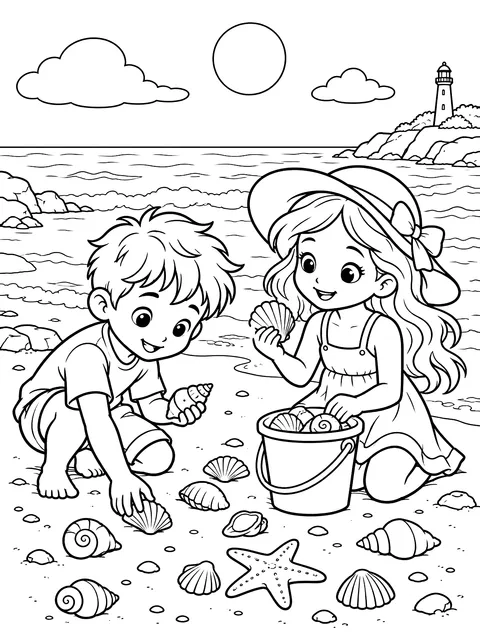Kids collecting shells coloring page