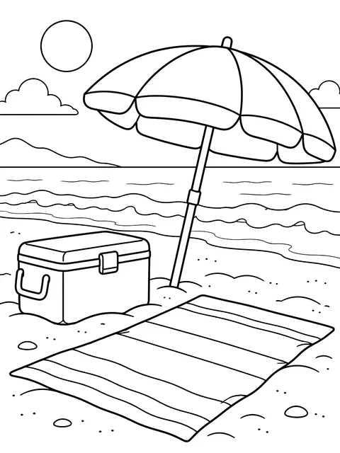 Towel, cooler and umbrella set up on the sand coloring page