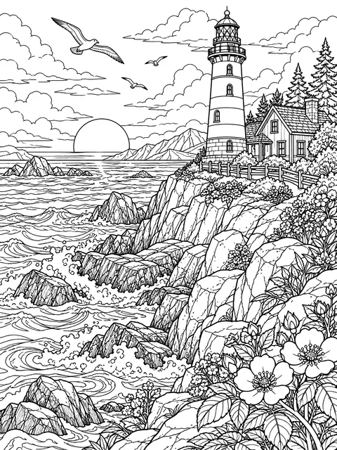 Detailed Detailed rocky coastline with a lighthouse coloring page