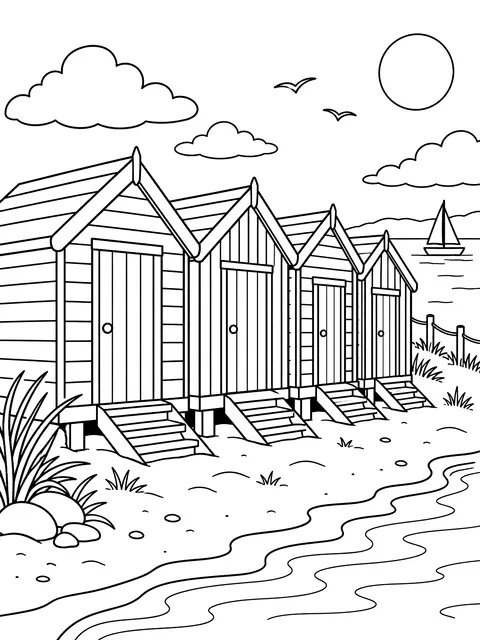 Row of striped beach huts coloring page