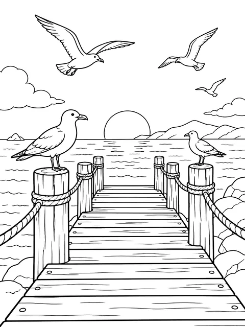 Wooden pier with seagulls coloring page