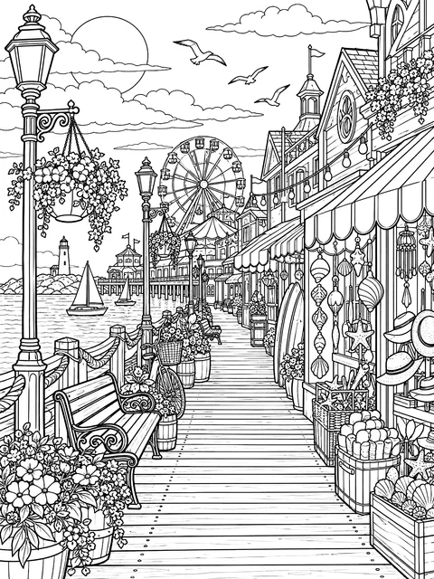 Detailed Busy boardwalk with shops coloring page