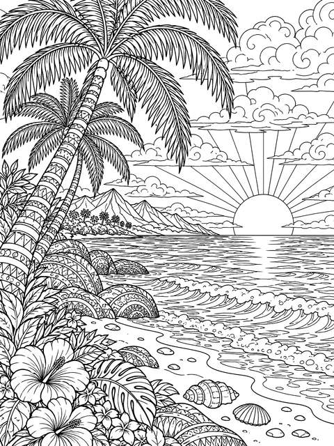 Detailed Sunset shoreline with palm trees coloring page